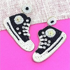 Beaded Sneaker Statement Earrings | Black White Rhinestone Dangle Earrings